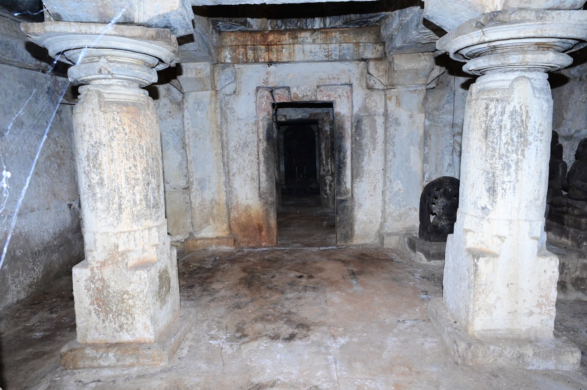 Interior stone pillars and sanctum approach